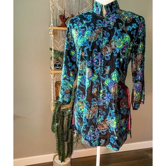 Alice Polynesian Womens Nehru Tiki Jacket Blue Floral Zip Up Mandarin Vintage M - Picture 2 of 12